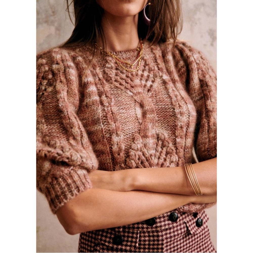 SEZANE Red Mohair Wool Cable Knit Short 3/4 Puff Sleeve Sweater Giulia Jumper XS - Picture 3 of 12